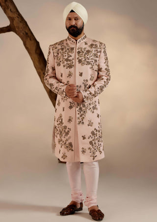 Jatin Malik-Shell Pink Linen Silk Sherwani Set-INDIASPOPUP.COM