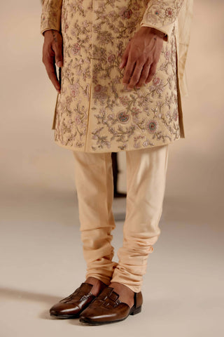 Jatin Malik-Pale Gold Linen Silk Sherwani Set-INDIASPOPUP.COM