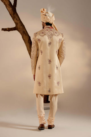 Jatin Malik-Pale Gold Linen Silk Sherwani Set-INDIASPOPUP.COM