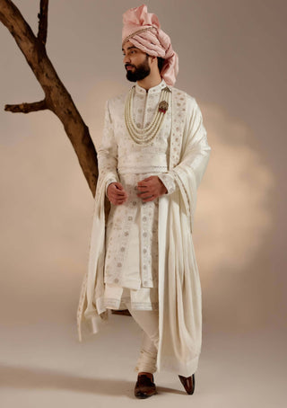 Jatin Malik-Gardenia White Linen Silk Sherwani Set-INDIASPOPUP.COM