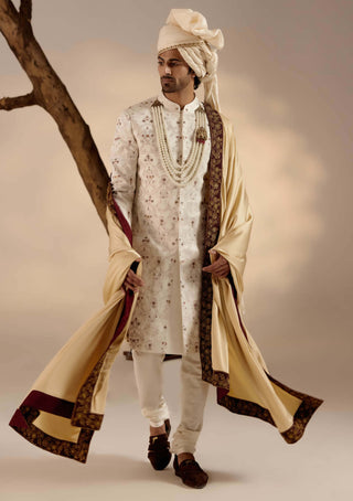 Jatin Malik-Jamawar White Linen Silk Sherwani Set-INDIASPOPUP.COM