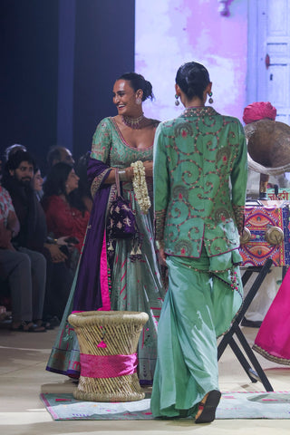 Punit Balana Sage Green Blazer And Sari available on indiaspopup