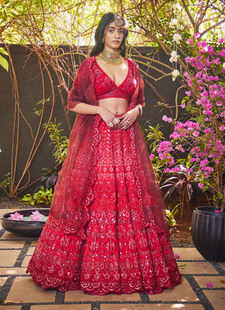 Jade By Monica & Karishma-Red Ombre Lehenga Set-INDIASPOPUP.COM