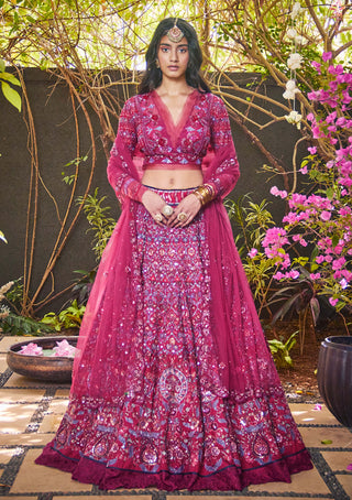 Jade By Monica & Karishma-Garnet Embroidered Lehenga Set-INDIASPOPUP.COM