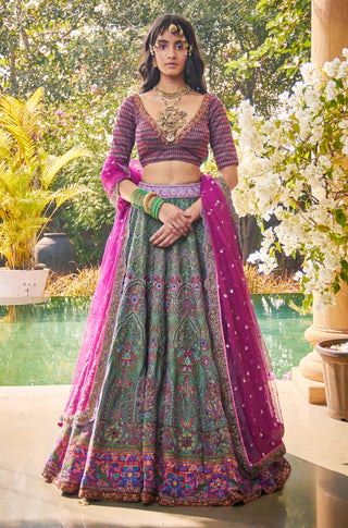 Jade By Monica & Karishma-Vintage Green Embroidered Lehenga Set-INDIASPOPUP.COM