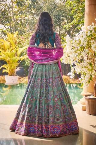 Jade By Monica & Karishma-Vintage Green Embroidered Lehenga Set-INDIASPOPUP.COM