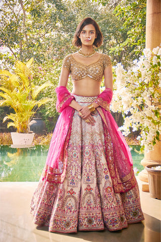 Jade By Monica & Karishma-Multicolor Chevron Embroidered Lehenga Set-INDIASPOPUP.COM