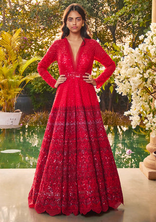 Jade By Monica & Karishma-Red Ombre Sequins Gown-INDIASPOPUP.COM