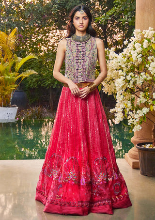 Jade By Monica & Karishma-Red Handcrafted Lehenga And Top-INDIASPOPUP.COM