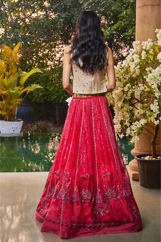 Jade By Monica & Karishma-Red Handcrafted Lehenga And Top-INDIASPOPUP.COM