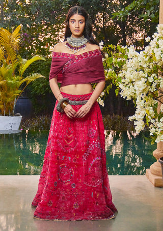Jade By Monica & Karishma-Red Marsala Lehenga And Top-INDIASPOPUP.COM