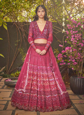 Jade By Monica & Karishma-Red Garnet Embroidered Lehenga Set-INDIASPOPUP.COM