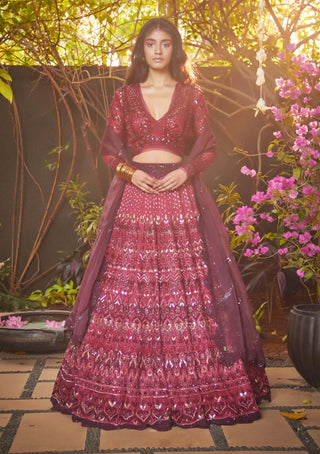 Jade By Monica & Karishma-Marsala And Garnet Red Lehenga Set-INDIASPOPUP.COM