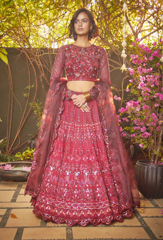 Jade By Monica & Karishma-Garnet Red Lehenga Set-INDIASPOPUP.COM