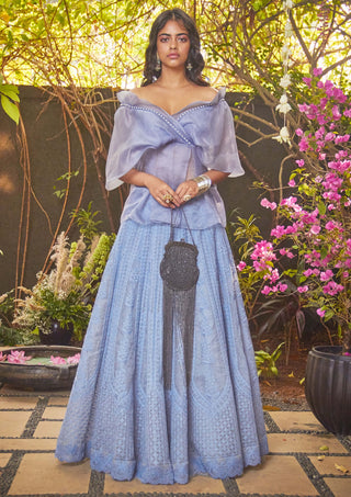Jade By Monica & Karishma-Blue Lehenga And Off-Shoulder Top-INDIASPOPUP.COM