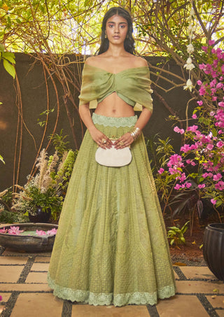 Jade By Monica & Karishma-Vintage Green Lehenga And Off-Shoulder Top-INDIASPOPUP.COM