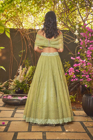 Jade By Monica & Karishma-Vintage Green Lehenga And Off-Shoulder Top-INDIASPOPUP.COM