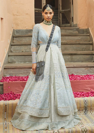 Jade By Monica & Karishma-Blue Net Embroidery Jacket And Skirt-INDIASPOPUP.COM