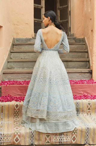 Jade By Monica & Karishma-Blue Net Embroidery Jacket And Skirt-INDIASPOPUP.COM