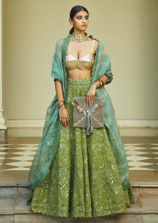 Jade By Monica & Karishma-Kiwi Green Embroidered Lehenga Set-INDIASPOPUP.COM