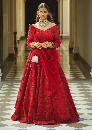 Jade By Monica & Karishma-Garnet Red Lehenga Set-INDIASPOPUP.COM
