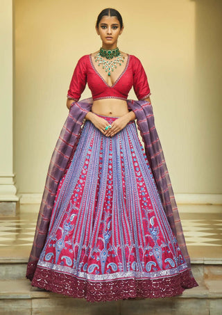 Jade By Monica & Karishma-Red Aegean Blue Embroidered Lehenga Set-INDIASPOPUP.COM