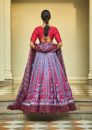 Jade By Monica & Karishma-Red Aegean Blue Embroidered Lehenga Set-INDIASPOPUP.COM