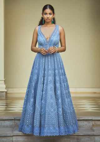Jade By Monica & Karishma-Aegean Blue Sleeveless Gown-INDIASPOPUP.COM