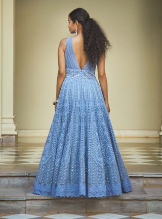 Jade By Monica & Karishma-Aegean Blue Sleeveless Gown-INDIASPOPUP.COM