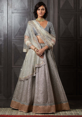 Jade By Monica & Karishma-Aegean Blue Silver Lehenga Set-INDIASPOPUP.COM