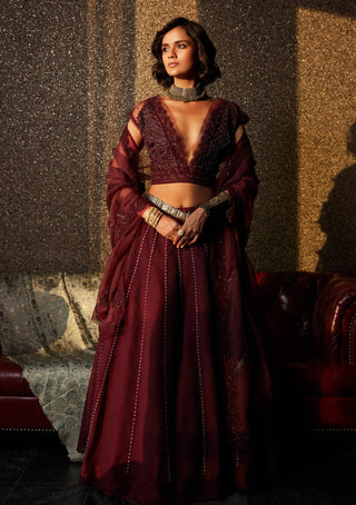 Jade By Monica & Karishma-Marsala Maroon Lehenga Set-INDIASPOPUP.COM