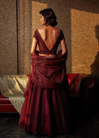 Jade By Monica & Karishma-Marsala Maroon Lehenga Set-INDIASPOPUP.COM