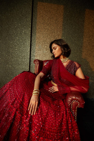 Jade By Monica & Karishma-Red Ombre Lehenga Set-INDIASPOPUP.COM