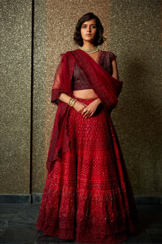 Jade By Monica & Karishma-Red Ombre Lehenga Set-INDIASPOPUP.COM