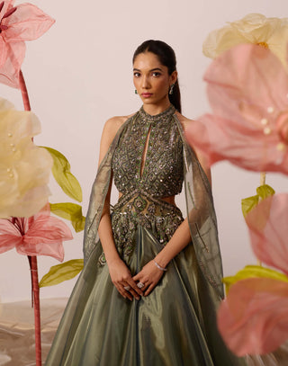 Juniper Olive Gown With Detachable Cape by Roqa available on Indiaspopup.com