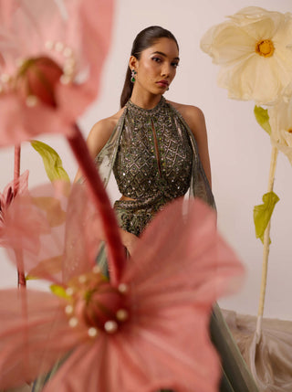 Juniper Olive Gown With Detachable Cape by Roqa available on Indiaspopup.com