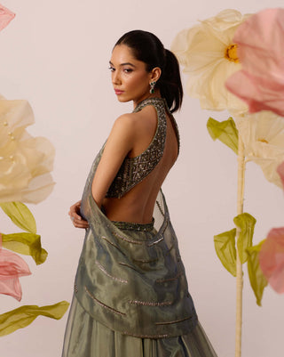 Juniper Olive Gown With Detachable Cape by Roqa available on Indiaspopup.com