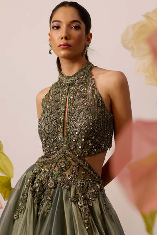 Juniper Olive Gown With Detachable Cape by Roqa available on Indiaspopup.com