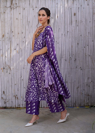 Kanelle-Purple Gazal Print Tunic And Cape Set-INDIASPOPUP.COM