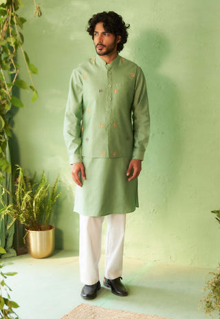 Tea green kurta and bundi set