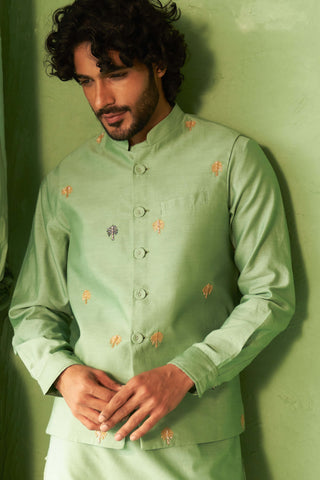 Tea green kurta and bundi set
