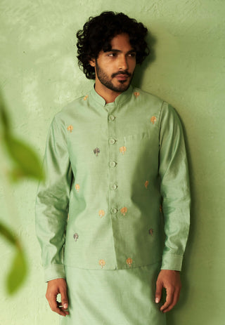 Tea green kurta and bundi set
