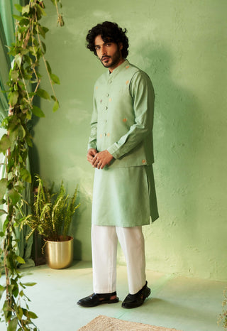 Tea green kurta and bundi set