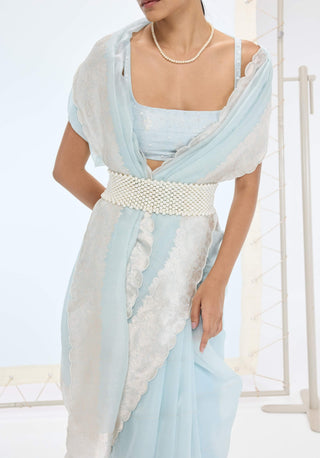 Ice blue blake sari and unstitched blouse
