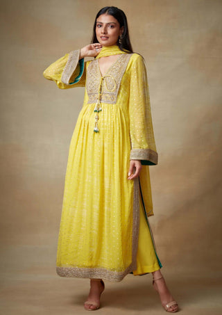 Kisneel By Pam Mehta-Yellow Chiffon Straight Kurta Set-INDIASPOPUP.COM