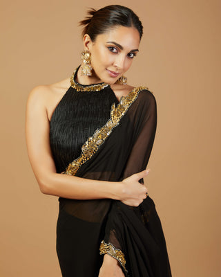 Black And Gold Stitched Sari And Blouse by Tamanna Punjabi Kapoor, available on Indiaspopup.com