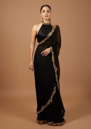 Black And Gold Stitched Sari And Blouse by Tamanna Punjabi Kapoor, available on Indiaspopup.com