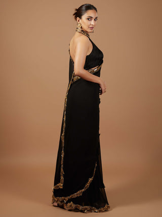 Black And Gold Stitched Sari And Blouse by Tamanna Punjabi Kapoor, available on Indiaspopup.com