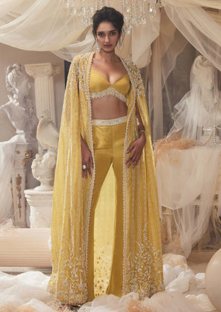 Kira Yellow Bustier Cape And Pant Set by Roqa, available on Indiaspopup.com