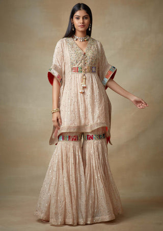 Kisneel By Pam Mehta-Nude Metallic Kaftan With Gharara-INDIASPOPUP.COM